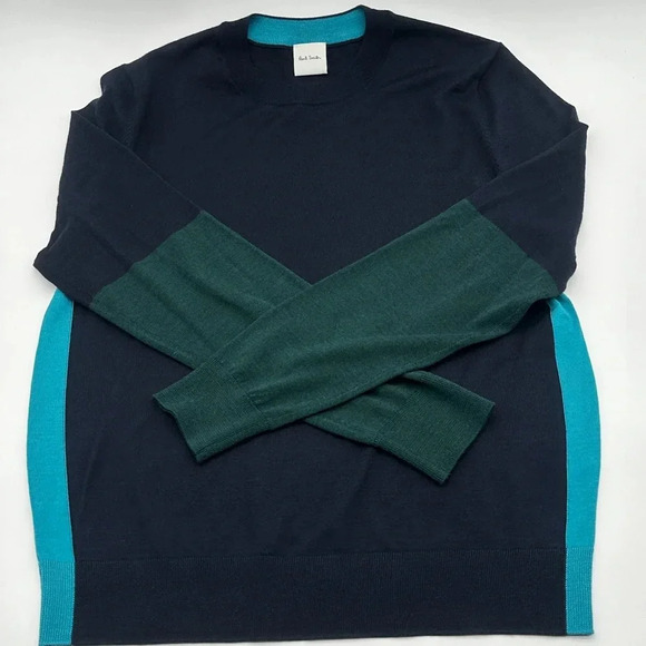 PAUL SMITH Size S Navy Green Teal Color Block Merino Wool Crew-Neck Sweater - Picture 1 of 8